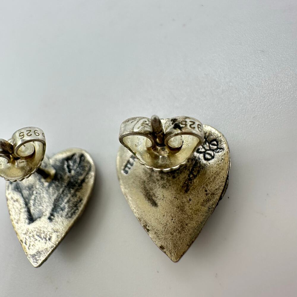 Vintage sterling silver handmade green resin cabochons hearts post earrings - Picture 5 of 8